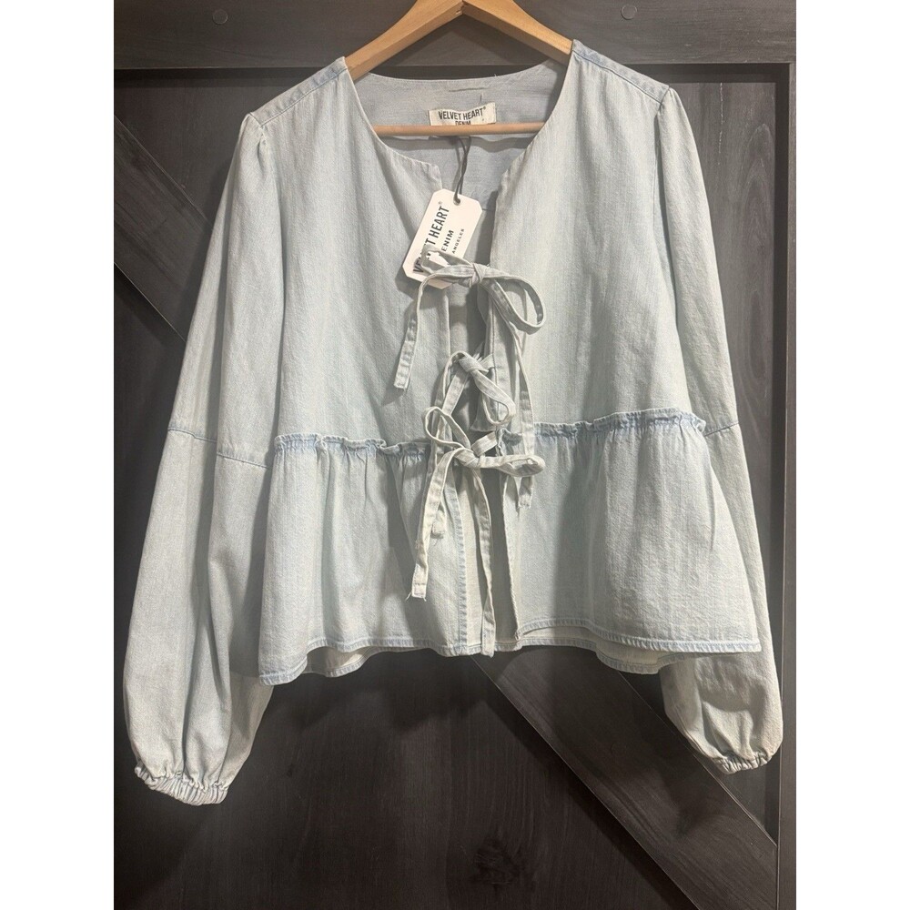 Velvet Heart Blue Denim Tie-Front V-Neck Balloon Sleeve Blouse, Size XL